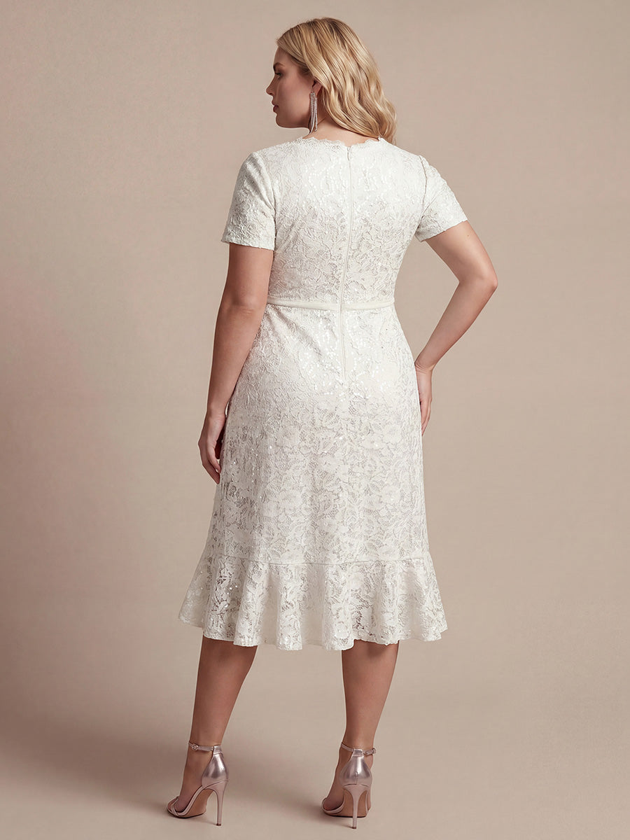 robe midi sirène à volants en sequins à manches courtes #Couleur_Blanc