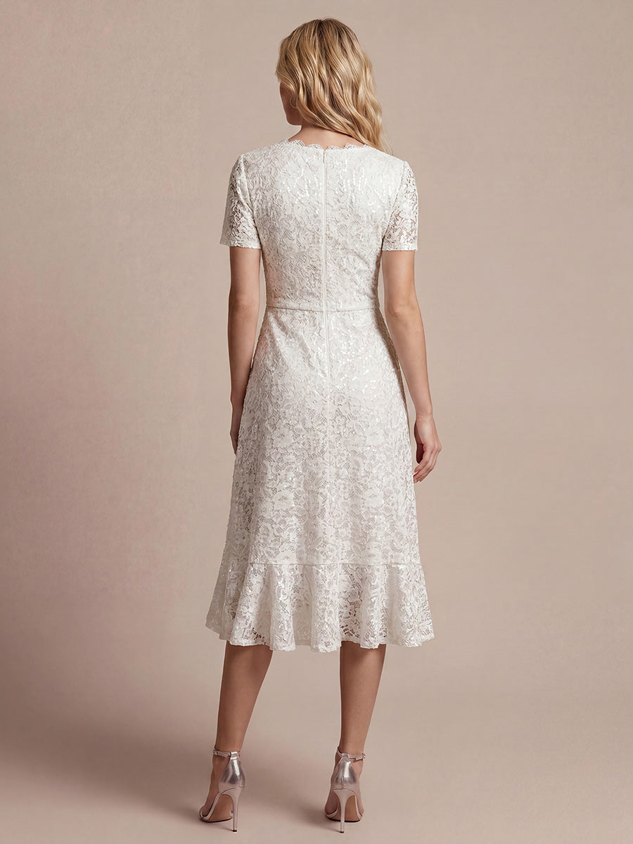 robe midi sirène à volants en sequins à manches courtes #Couleur_Blanc