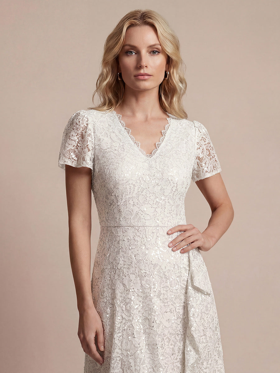 robe midi sirène à volants en sequins à manches courtes #Couleur_Blanc