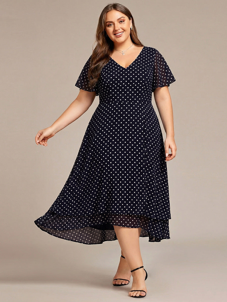 Robe Mariage Invitée haute-basse mousseline col en V Manches à volants #Couleur_Pois Noirs