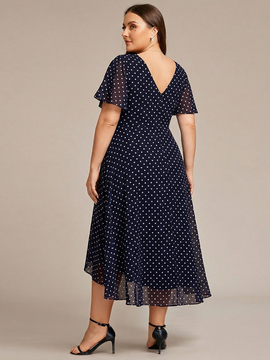 Robe Mariage Invitée haute-basse mousseline col en V Manches à volants #Couleur_Pois Noirs