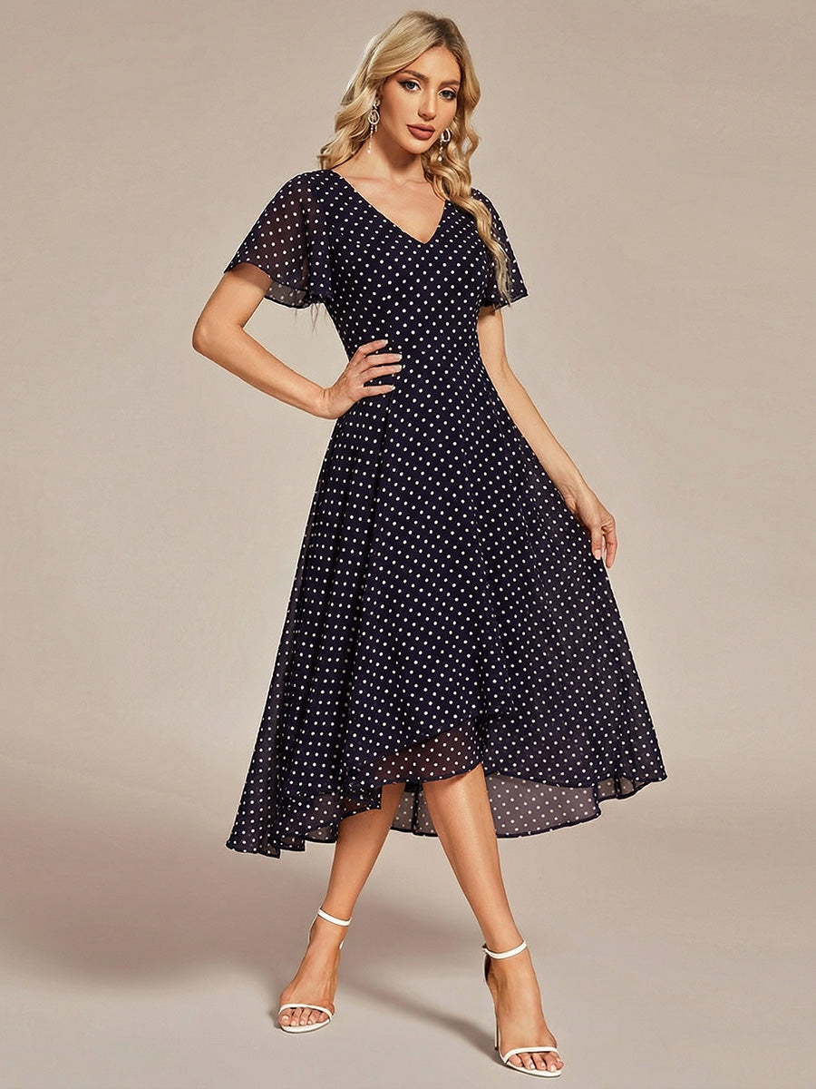 Robe Mariage Invitée haute-basse mousseline col en V Manches à volants #Couleur_Pois Noirs
