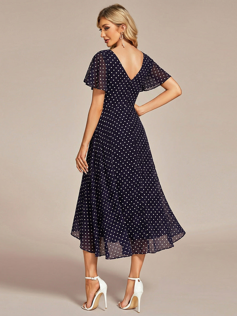Robe Mariage Invitée haute-basse mousseline col en V Manches à volants #Couleur_Pois Noirs