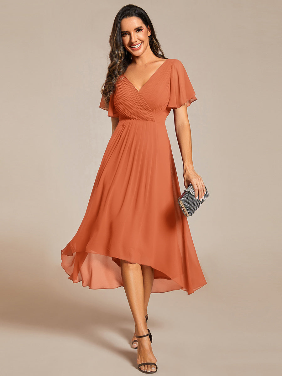 Robe d'invité de mariage trapèze en mousseline fluide à encolure ronde et longueur au genou #Couleur_Melon Ambré