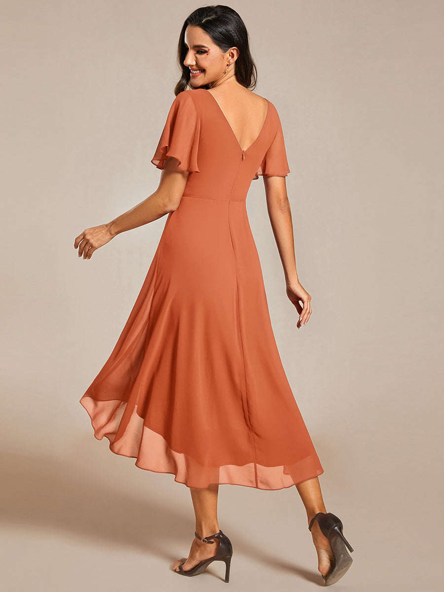 Robe d'invité de mariage trapèze en mousseline fluide à encolure ronde et longueur au genou #Couleur_Melon Ambré