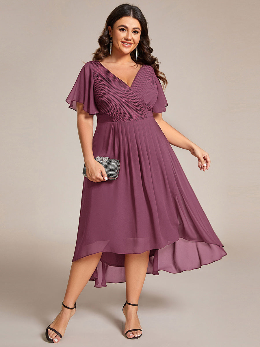 Robe d'invité de mariage trapèze en mousseline fluide à encolure ronde et longueur au genou #Couleur_Prune Foncée