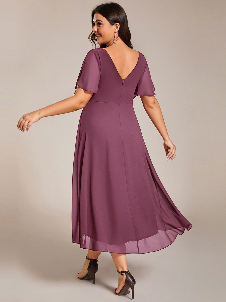 Robe d'invité de mariage trapèze en mousseline fluide à encolure ronde et longueur au genou #Couleur_Prune Foncée