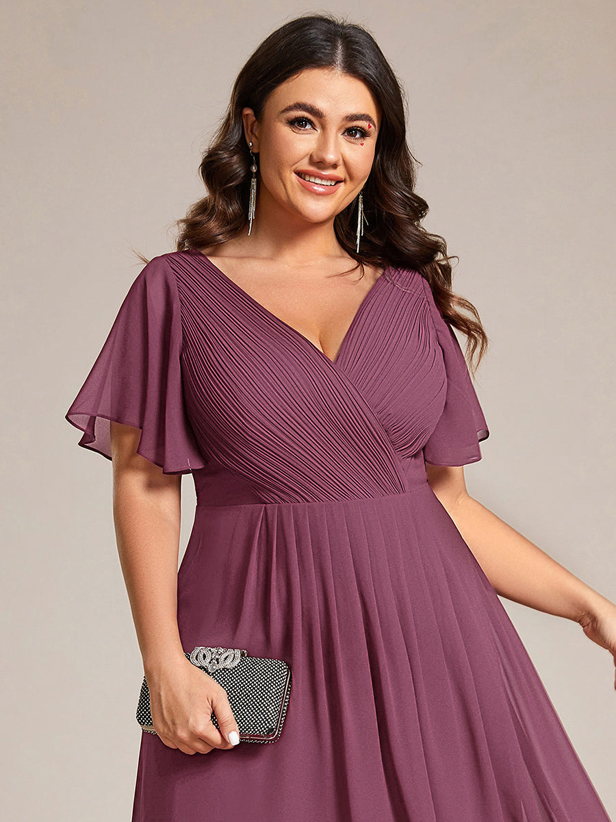 Robe d'invité de mariage trapèze en mousseline fluide à encolure ronde et longueur au genou #Couleur_Prune Foncée