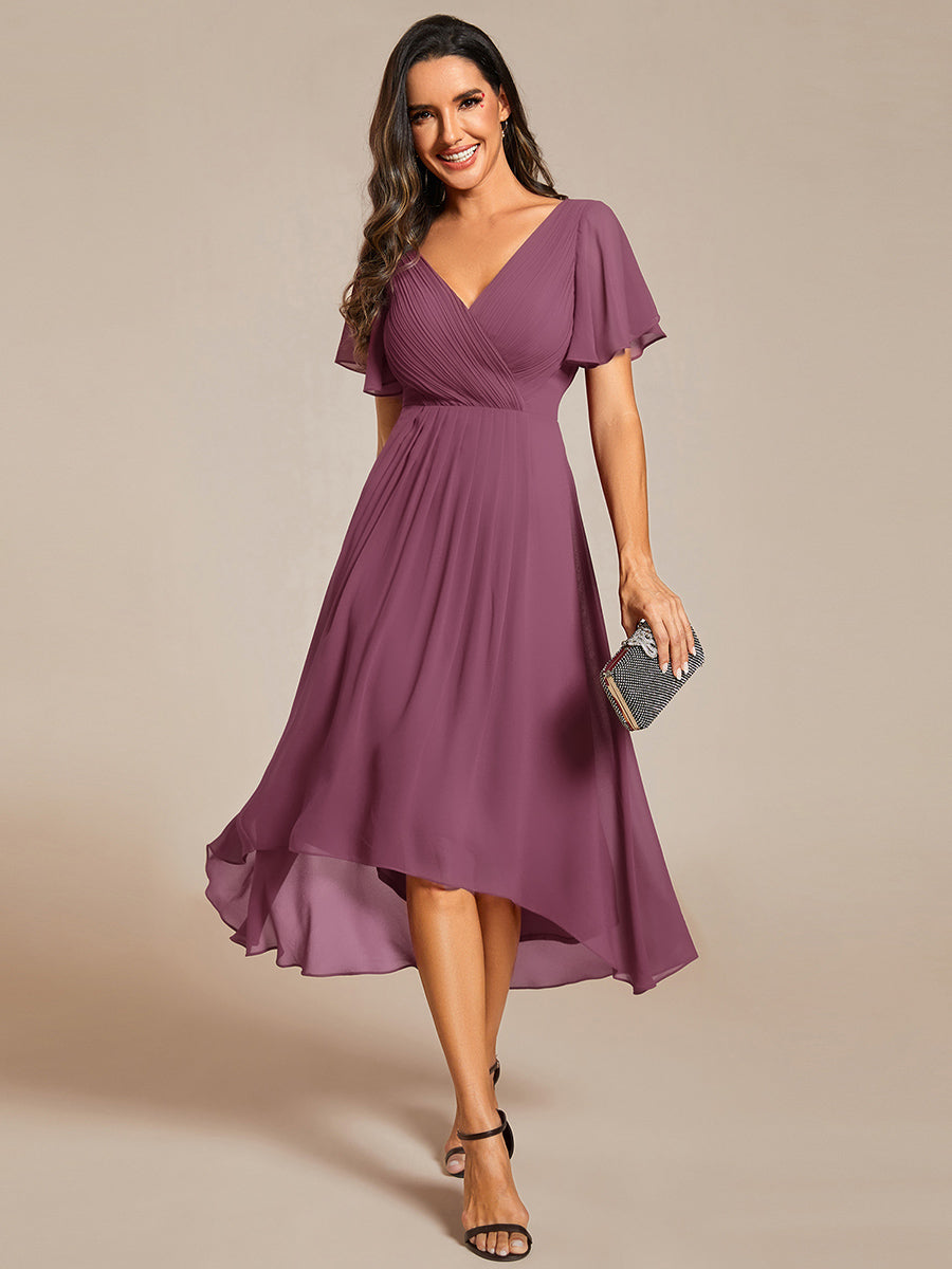 Robe d'invité de mariage trapèze en mousseline fluide à encolure ronde et longueur au genou #Couleur_Prune Foncée