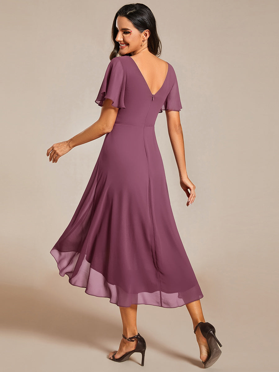 Robe d'invité de mariage trapèze en mousseline fluide à encolure ronde et longueur au genou #Couleur_Prune Foncée
