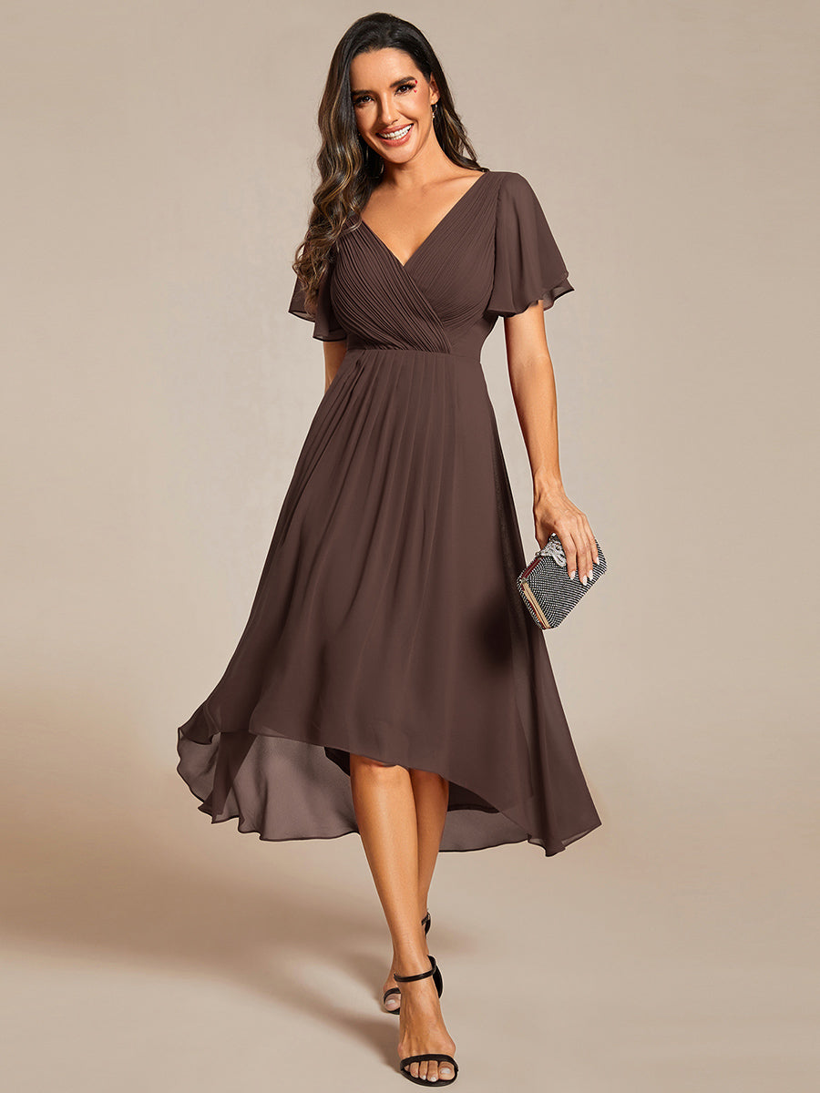 Robe d'invité de mariage trapèze en mousseline fluide à encolure ronde et longueur au genou #Couleur_Marron Espresso