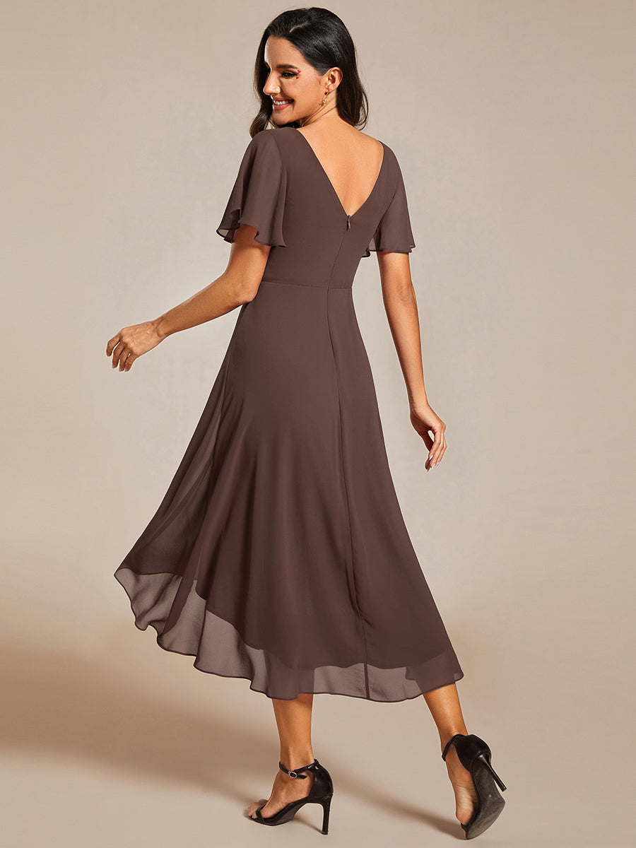 Robe d'invité de mariage trapèze en mousseline fluide à encolure ronde et longueur au genou #Couleur_Marron Espresso