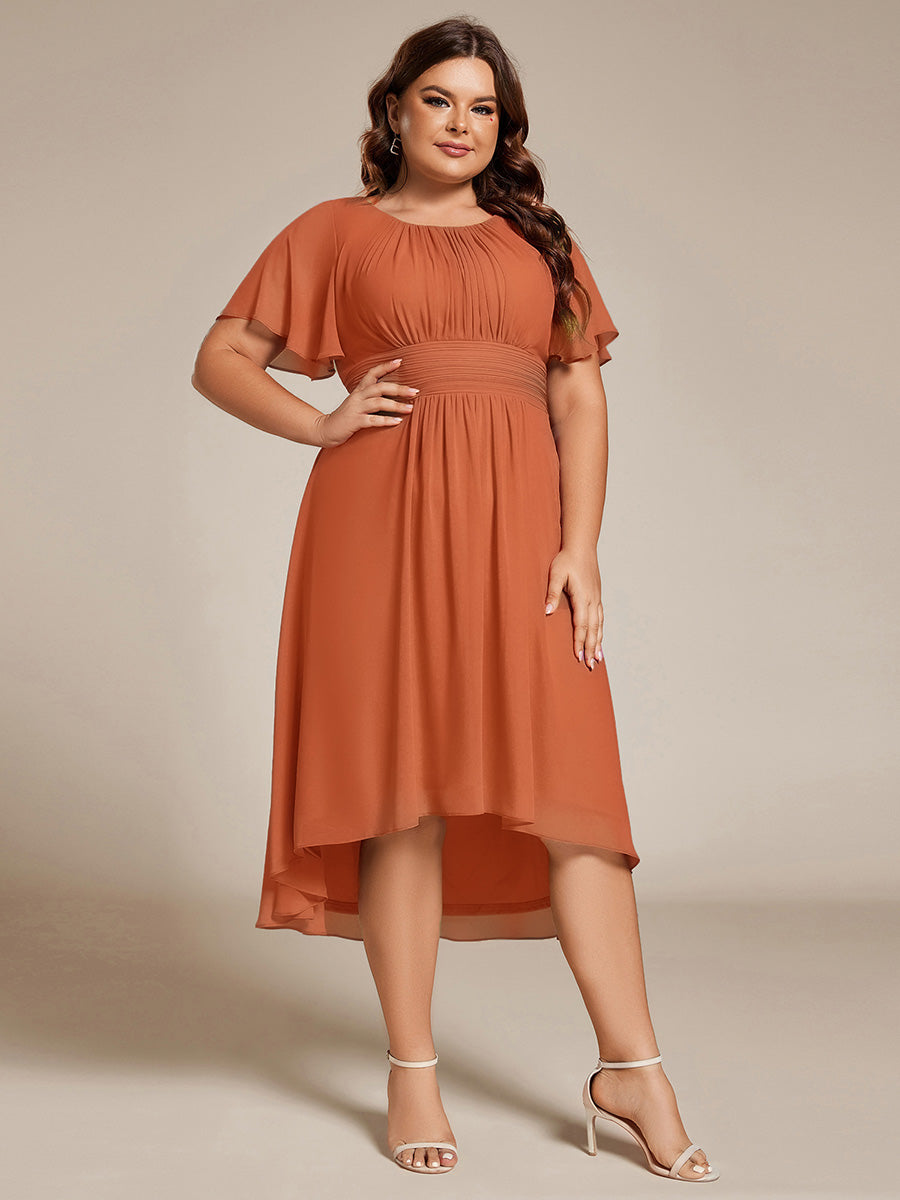 Robe d'invité de mariage trapèze en mousseline fluide à encolure ronde et longueur au genou #Couleur_Melon Ambré