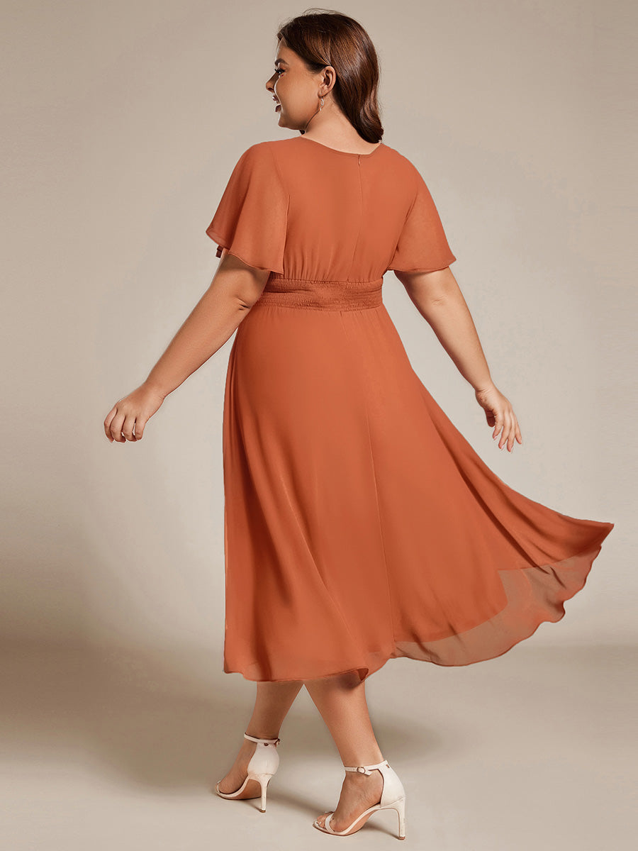 Robe d'invité de mariage trapèze en mousseline fluide à encolure ronde et longueur au genou #Couleur_Melon Ambré