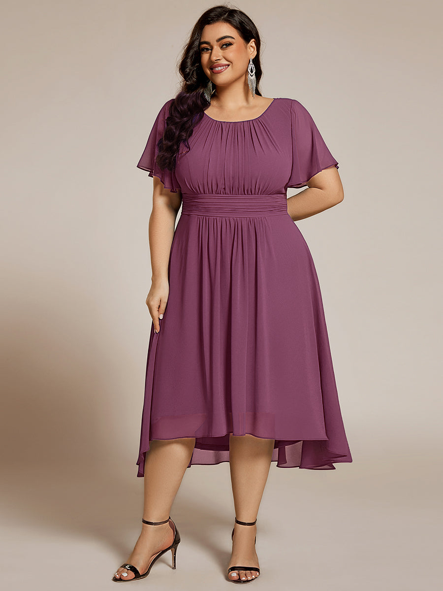 Robe d'invité de mariage trapèze en mousseline fluide à encolure ronde et longueur au genou #Couleur_Prune Foncée