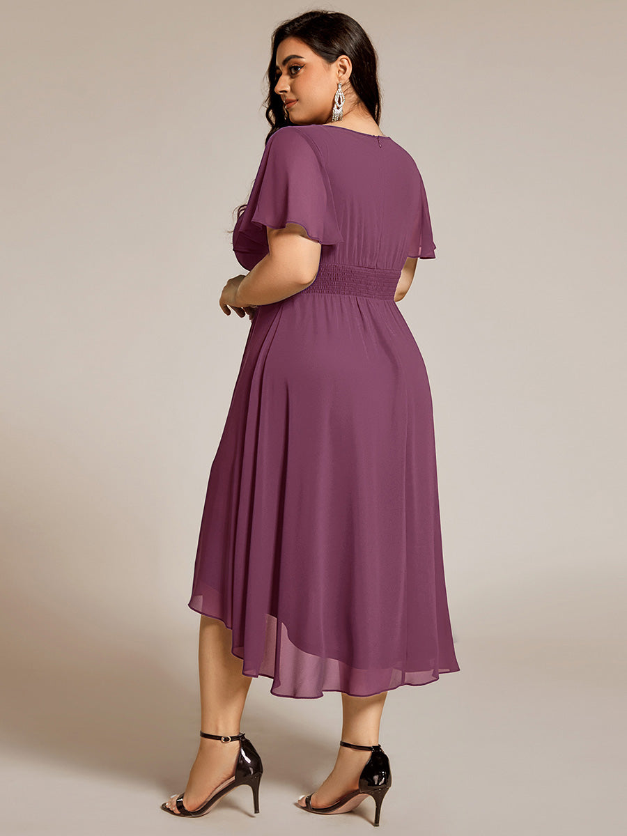 Robe d'invité de mariage trapèze en mousseline fluide à encolure ronde et longueur au genou #Couleur_Prune Foncée