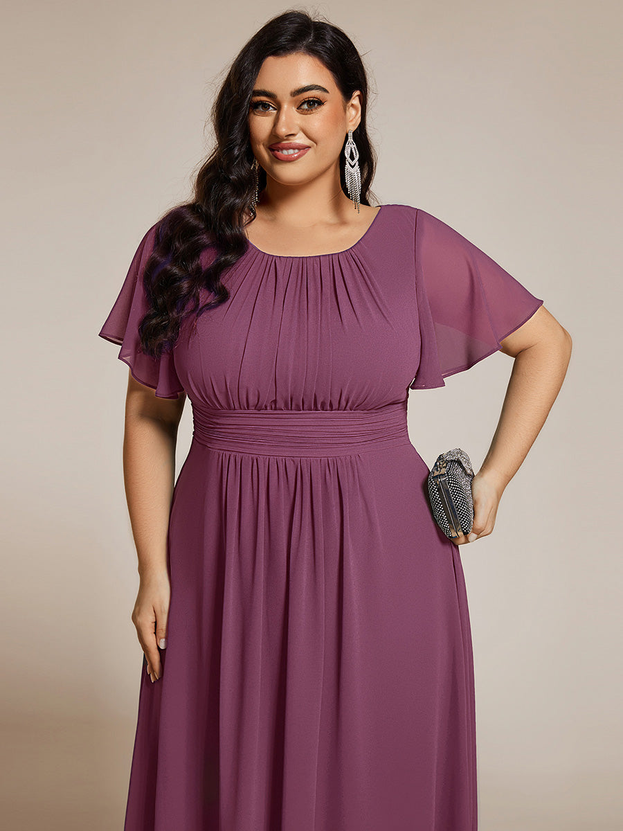 Robe d'invité de mariage trapèze en mousseline fluide à encolure ronde et longueur au genou #Couleur_Prune Foncée