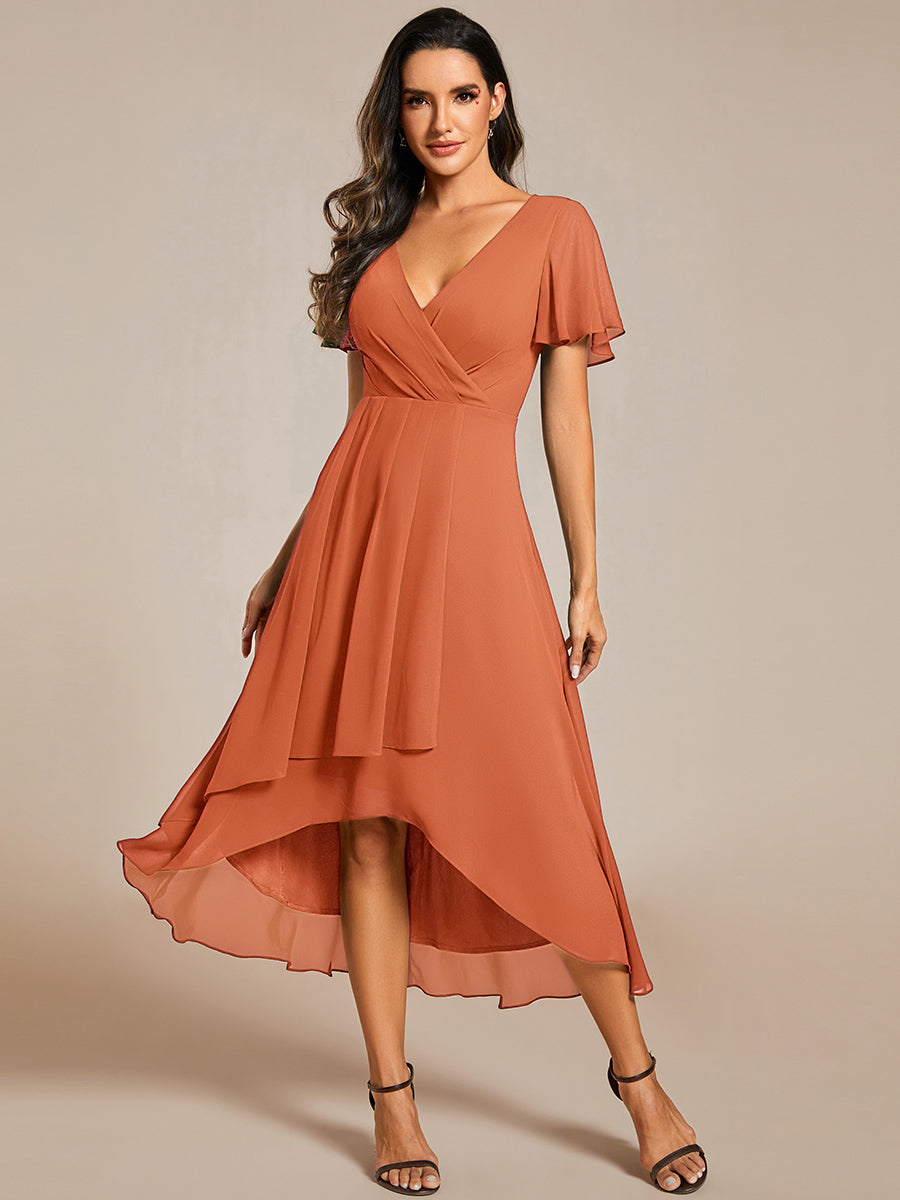 Robe D'invité De Mariage En Mousseline De Soie Mi-Longue Plissée à Manches à Volants Et Col En V  #Couleur_Melon Ambré
