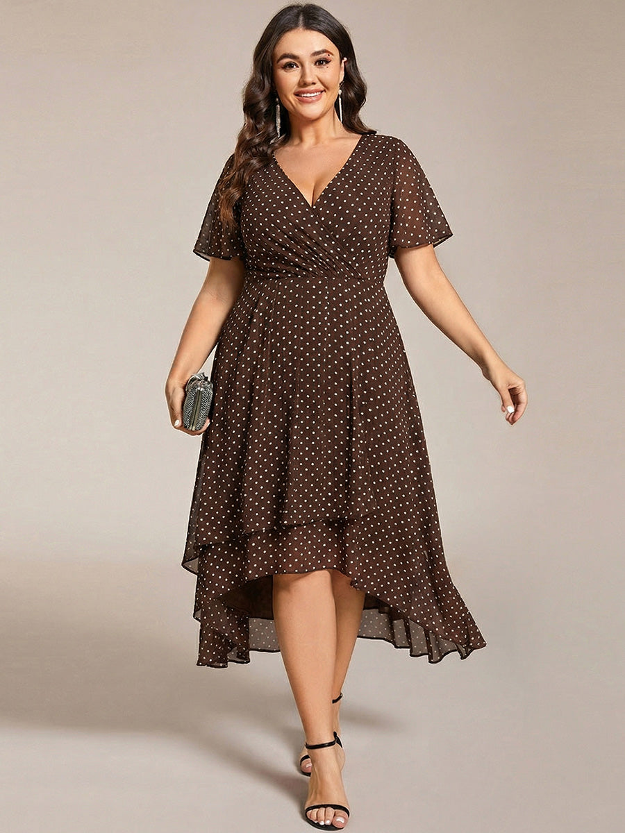 Robe D'invité De Mariage En Mousseline De Soie Mi-Longue Plissée à Manches à Volants Et Col En V #Couleur_Pois Marrons