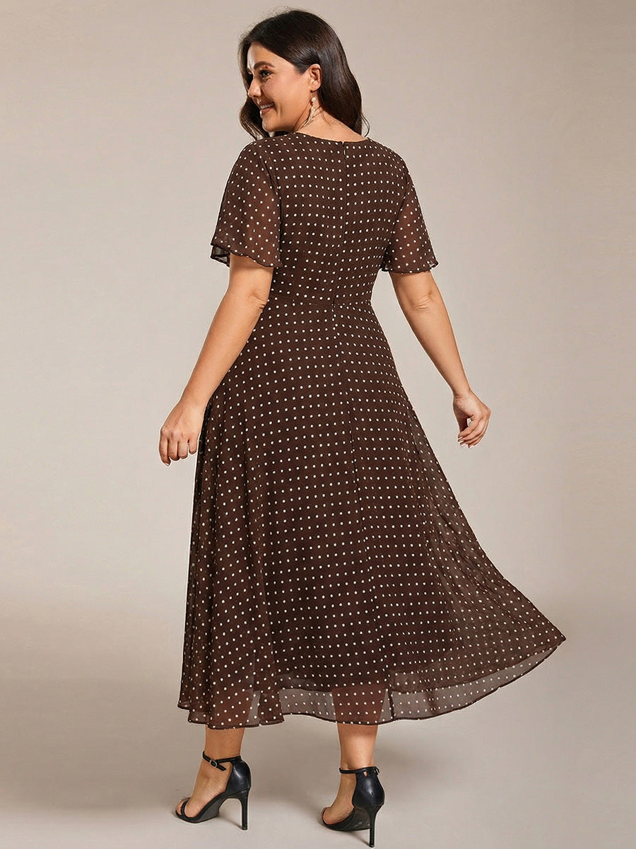 Robe D'invité De Mariage En Mousseline De Soie Mi-Longue Plissée à Manches à Volants Et Col En V #Couleur_Pois Marrons