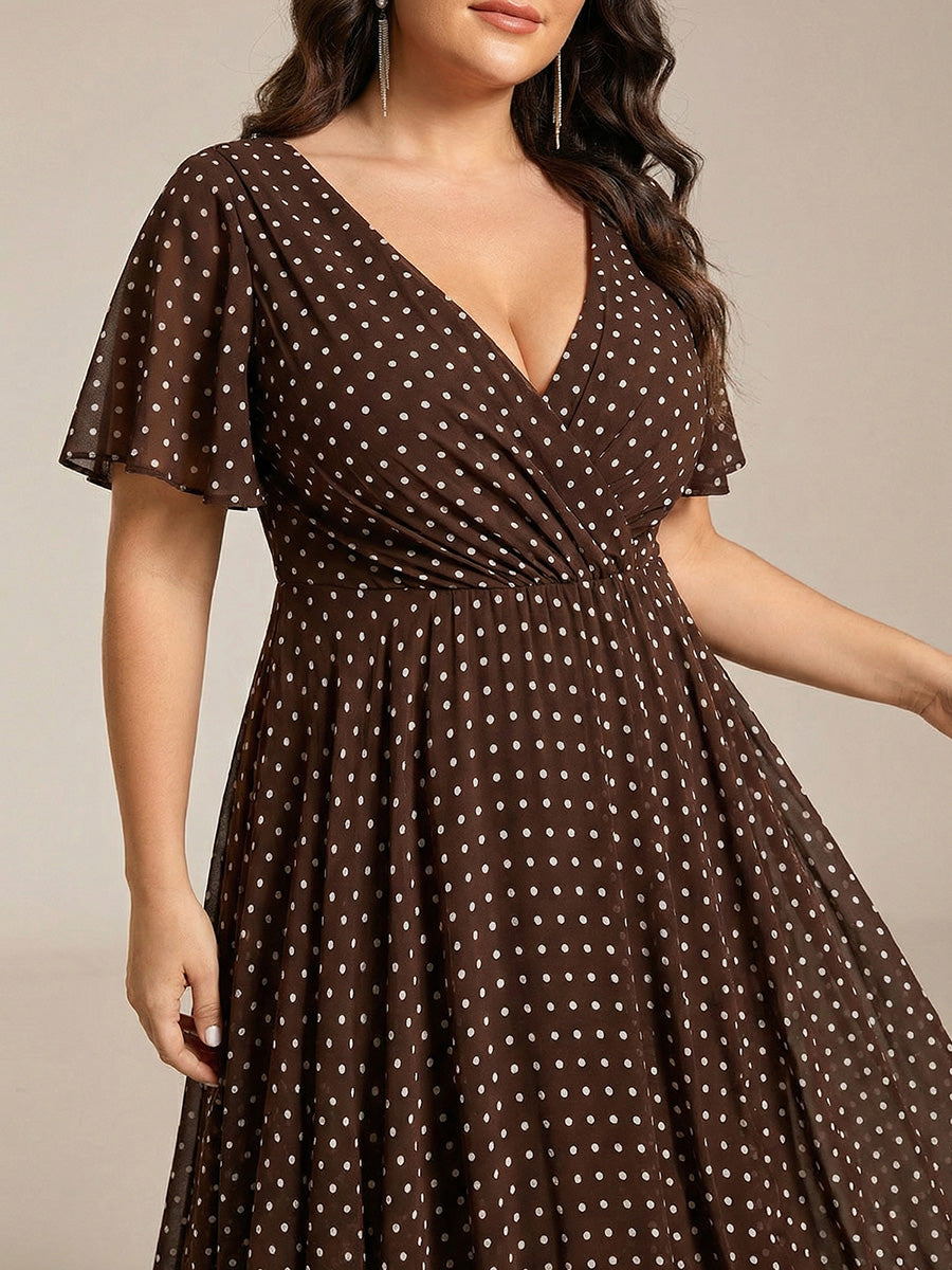 Robe D'invité De Mariage En Mousseline De Soie Mi-Longue Plissée à Manches à Volants Et Col En V #Couleur_Pois Marrons