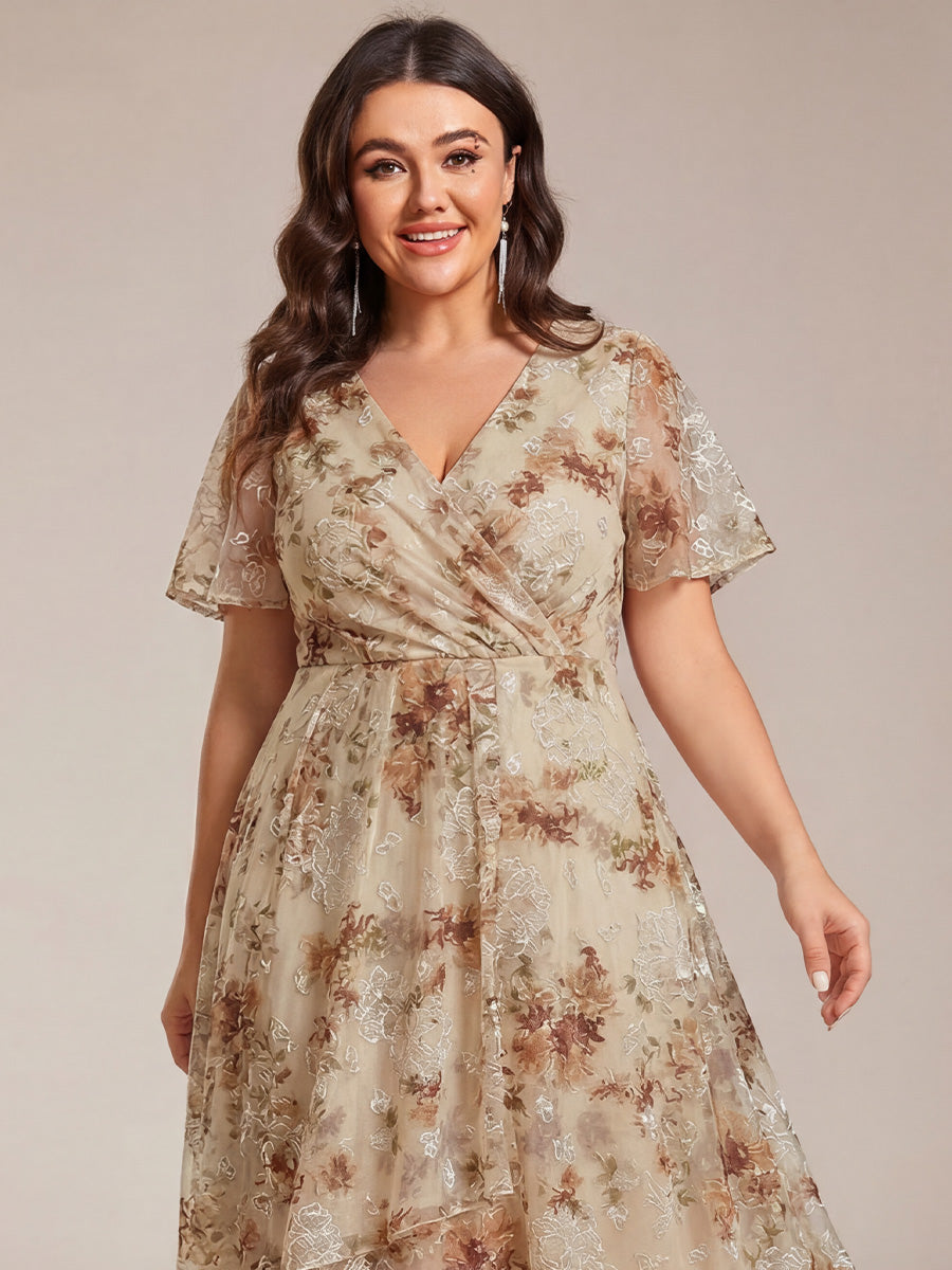 Robe D'invité De Mariage En Mousseline De Soie Mi-Longue Plissée à Manches à Volants Et Col En V #Couleur_Impression Champagne