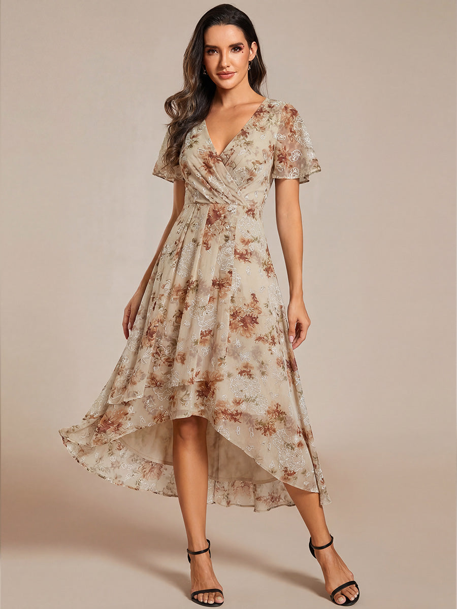 Robe D'invité De Mariage En Mousseline De Soie Mi-Longue Plissée à Manches à Volants Et Col En V #Couleur_Impression Champagne