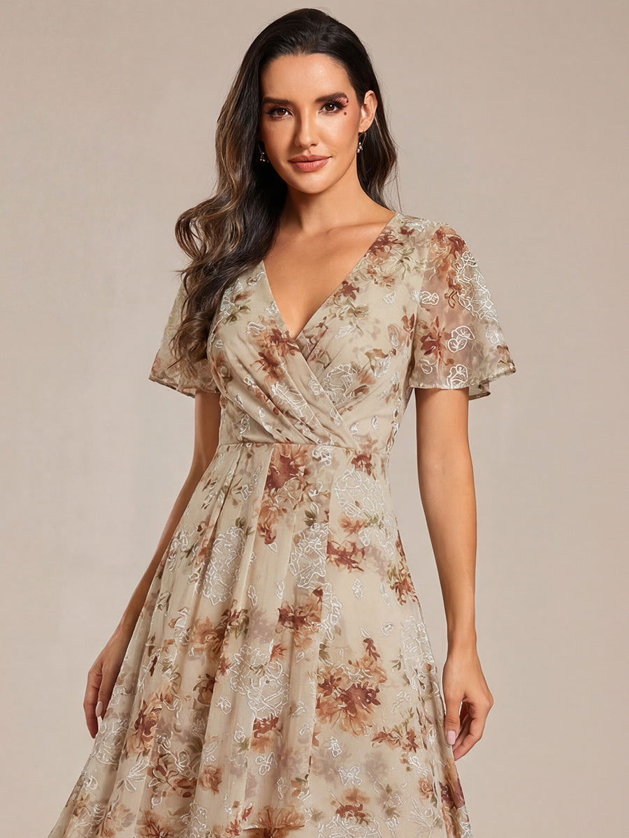 Robe D'invité De Mariage En Mousseline De Soie Mi-Longue Plissée à Manches à Volants Et Col En V #Couleur_Impression Champagne