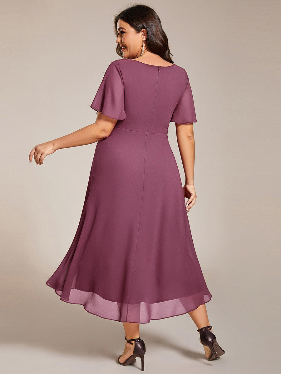 Robe D'invité De Mariage En Mousseline De Soie Mi-Longue Plissée à Manches à Volants Et Col En V #Couleur_Prune Foncee