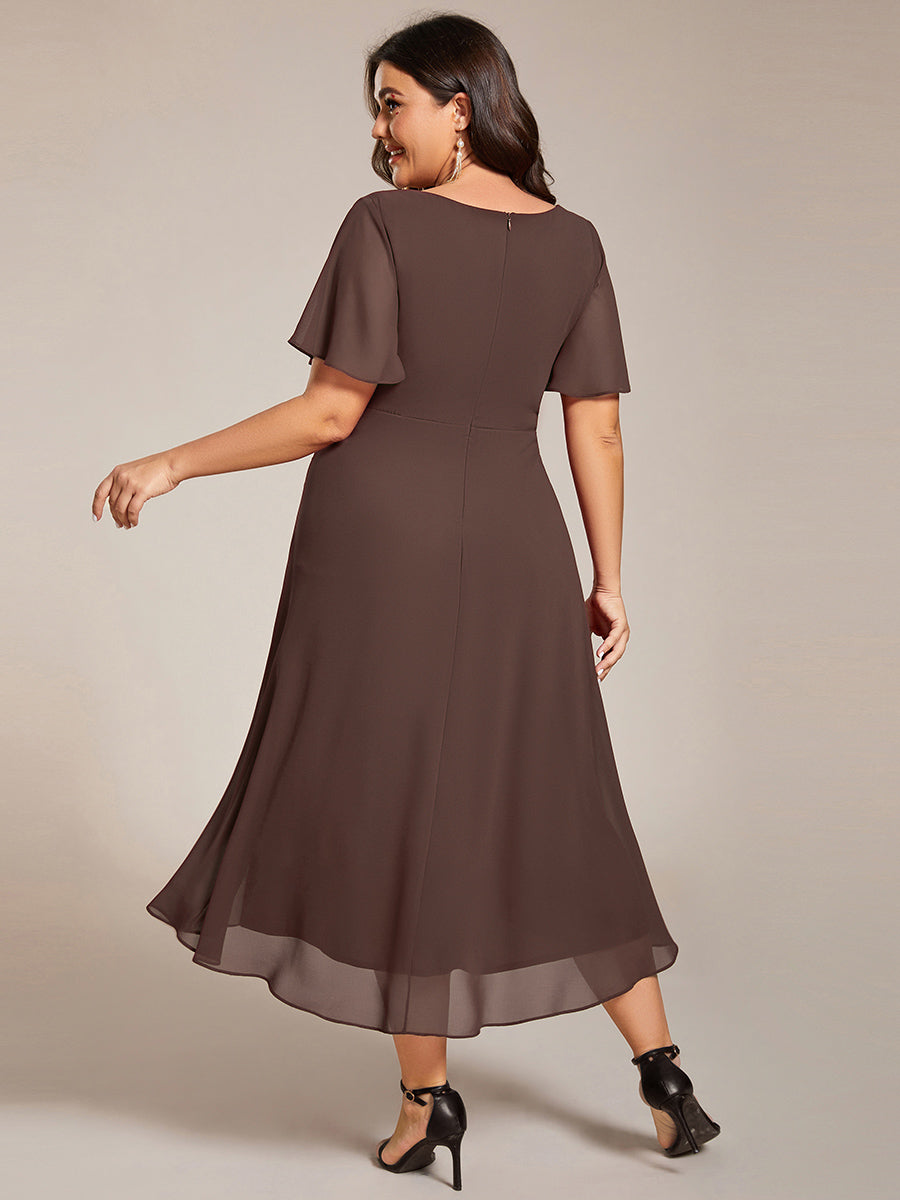 Robe D'invité De Mariage En Mousseline De Soie Mi-Longue Plissée à Manches à Volants Et Col En V #Couleur_Marron Espresso