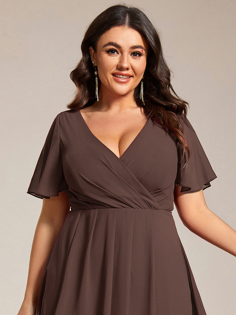 Robe D'invité De Mariage En Mousseline De Soie Mi-Longue Plissée à Manches à Volants Et Col En V  #Couleur_Marron Espresso