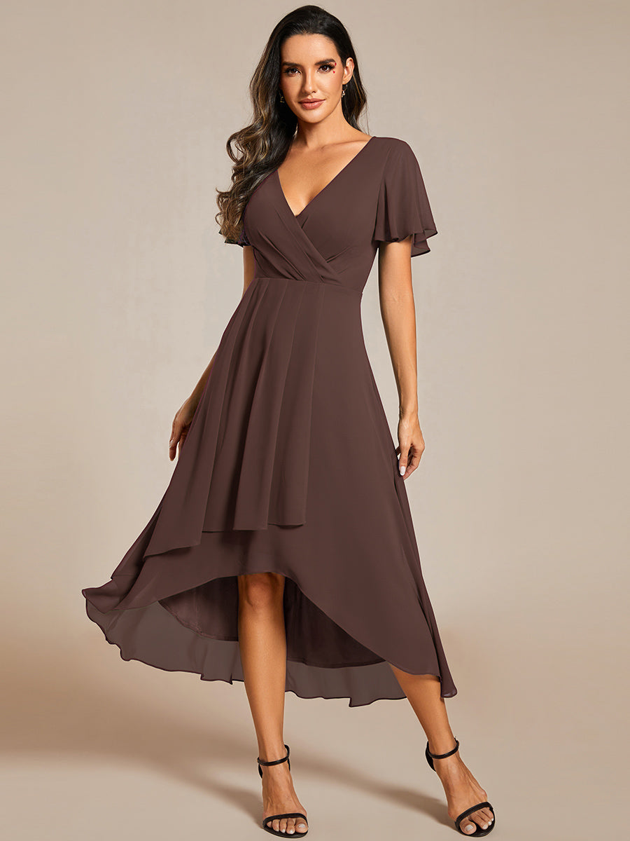 Robe D'invité De Mariage En Mousseline De Soie Mi-Longue Plissée à Manches à Volants Et Col En V  #Couleur_Marron Espresso