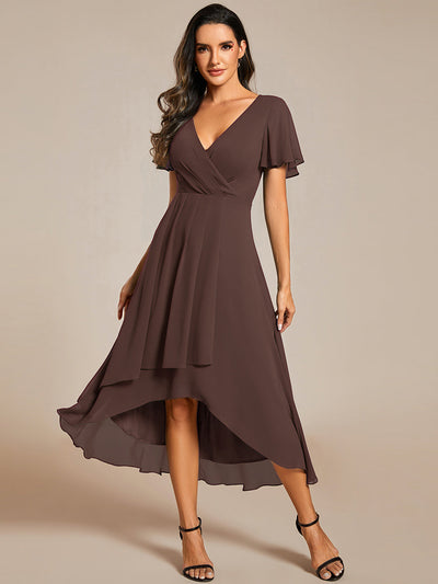 ever LARK|Robe invitée mariage mi-longue plissée en mousseline de soie - Manches à volants & Col en V