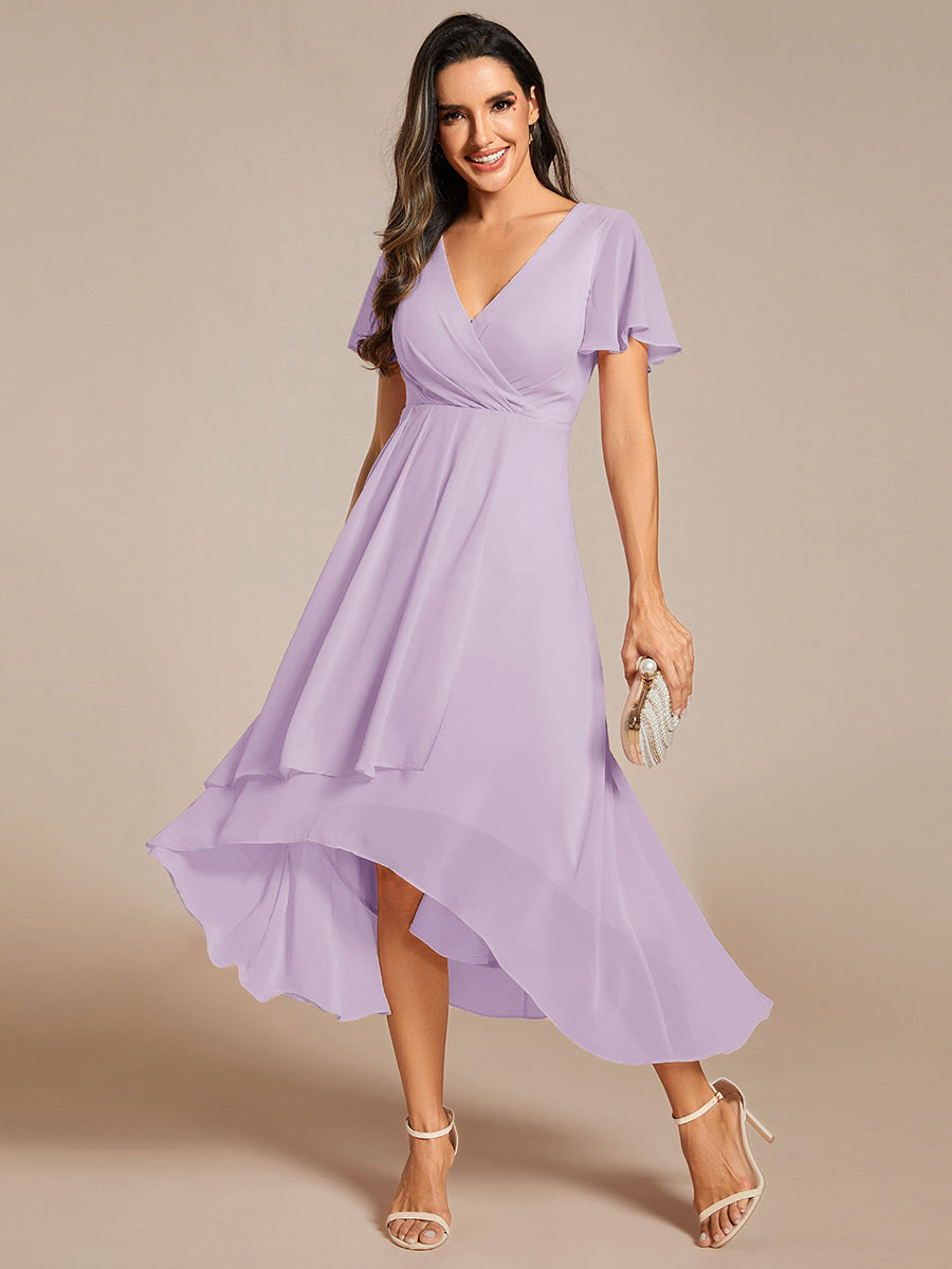 Robe D'invité De Mariage En Mousseline De Soie Mi-Longue Plissée à Manches à Volants Et Col En V #Couleur_Lilas Givré
