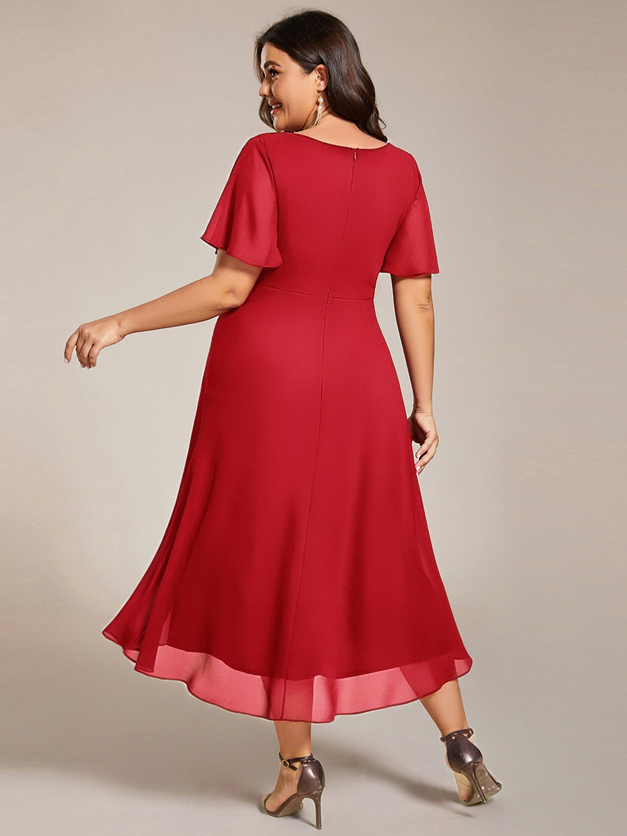 Robe D'invité De Mariage En Mousseline De Soie Mi-Longue Plissée à Manches à Volants Et Col En V #Couleur_Rouge