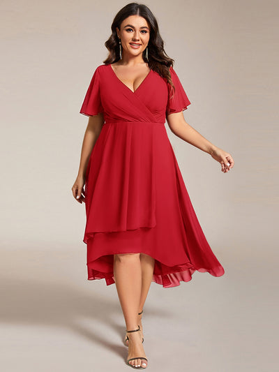 pretty LARK|Grande Taille Robe Dinvit De Mariage Mi-Longue Plisse En Mousseline De Soie Manches Courtes Et Col En V De
