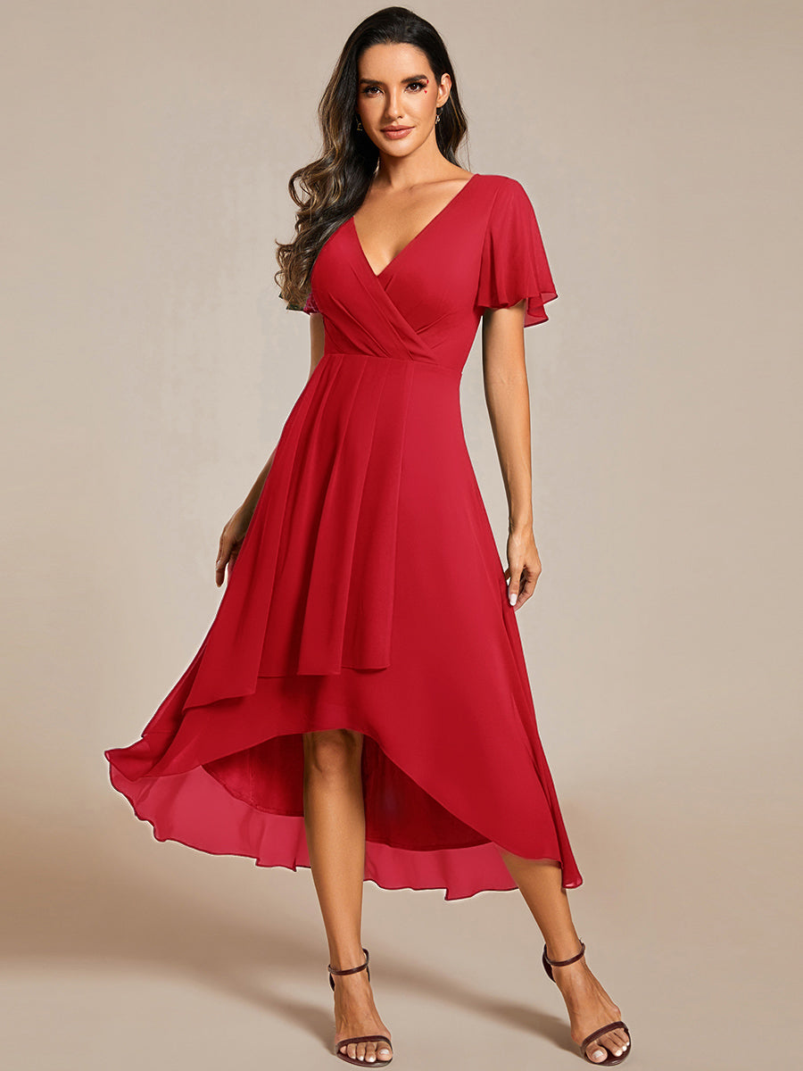 Robe D'invité De Mariage En Mousseline De Soie Mi-Longue Plissée à Manches à Volants Et Col En V #Couleur_Rouge