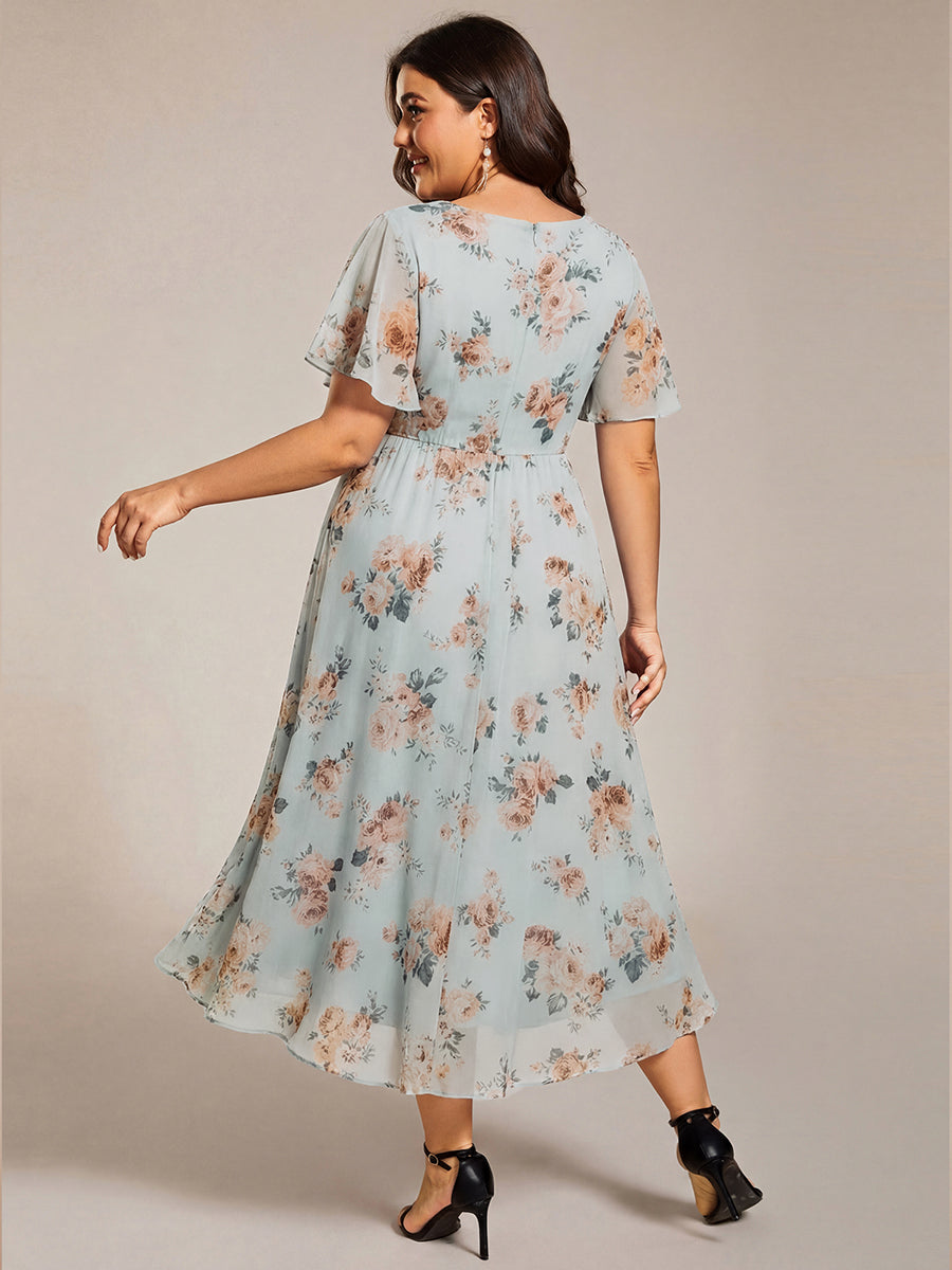 Robe D'invité De Mariage En Mousseline De Soie Mi-Longue Plissée à Manches à Volants Et Col En V #Couleur_Floraison Ambrée