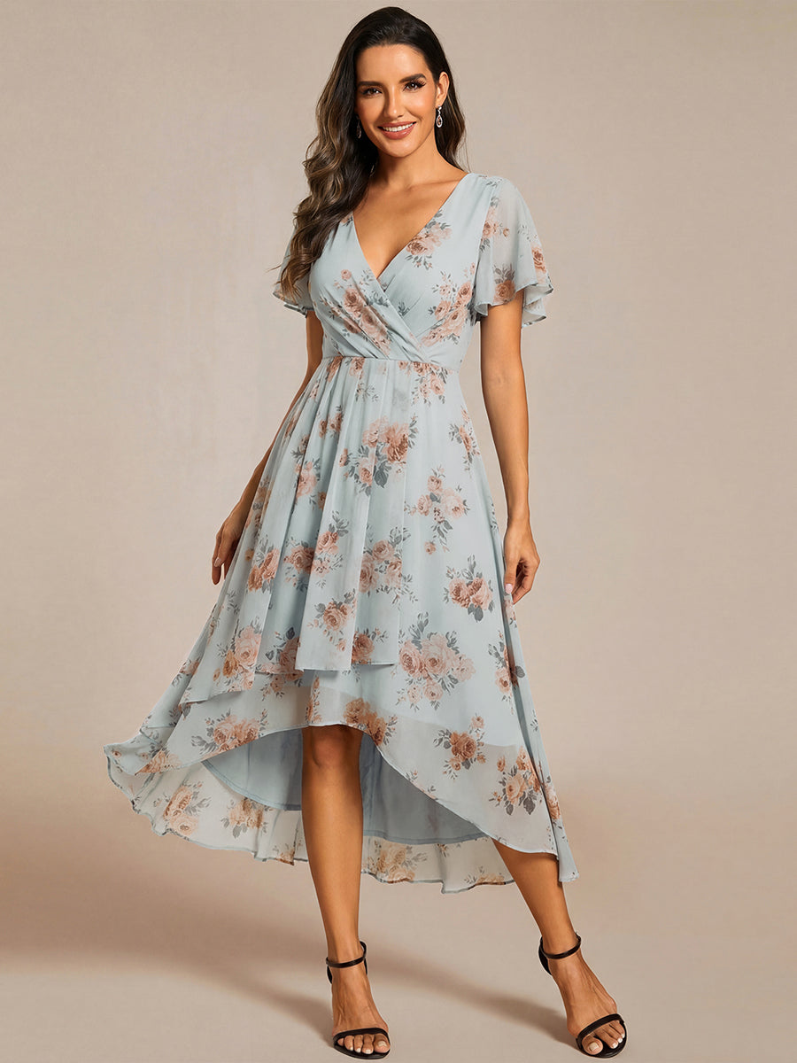Robe D'invité De Mariage En Mousseline De Soie Mi-Longue Plissée à Manches à Volants Et Col En V #Couleur_Floraison Ambrée