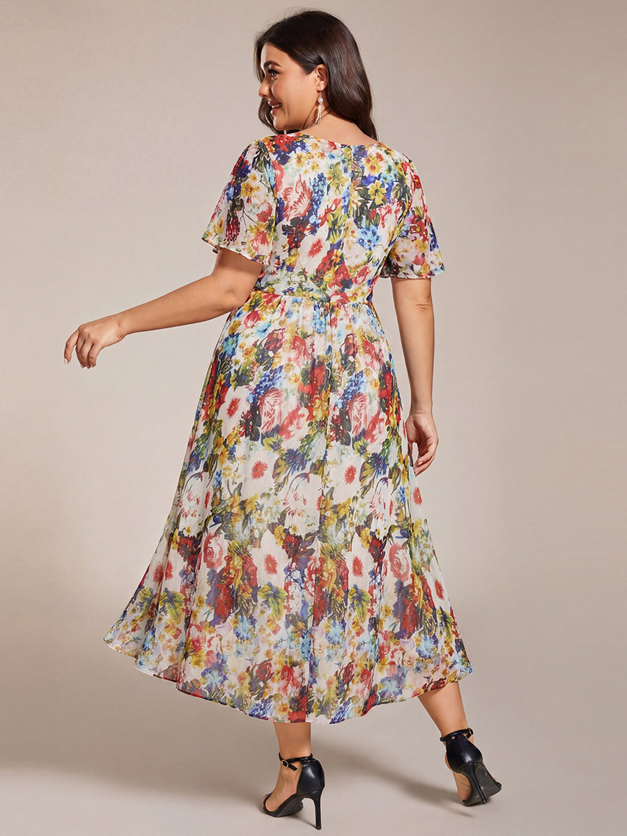Robe D'invité De Mariage En Mousseline De Soie Mi-Longue Plissée à Manches à Volants Et Col En V #Couleur_Creme Imprime