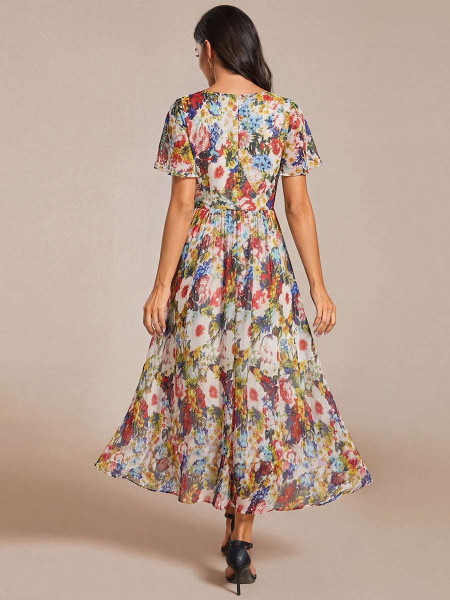 Robe D'invité De Mariage En Mousseline De Soie Mi-Longue Plissée à Manches à Volants Et Col En V #Couleur_Creme Imprime