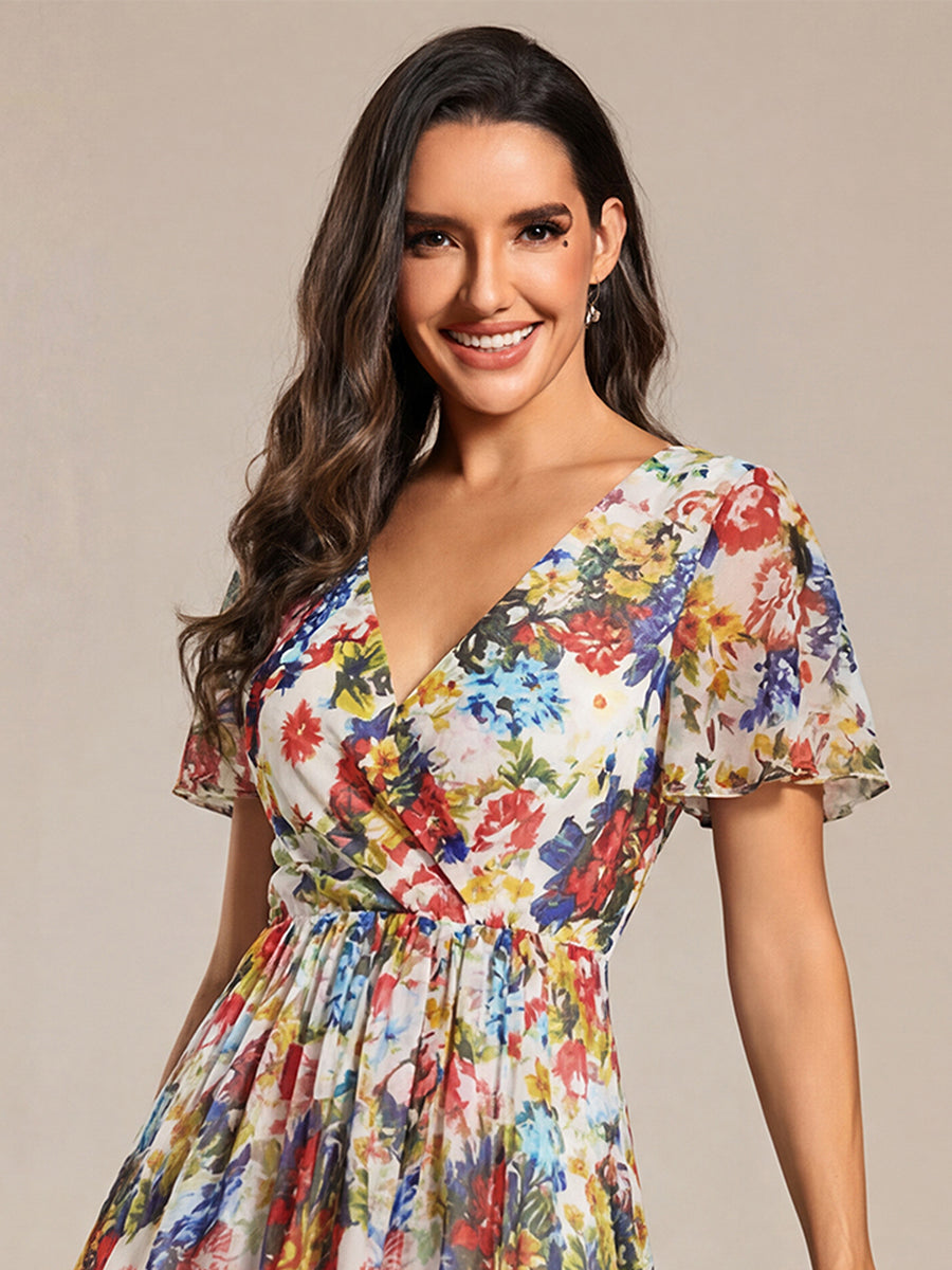 Robe D'invité De Mariage En Mousseline De Soie Mi-Longue Plissée à Manches à Volants Et Col En V #Couleur_Creme Imprime