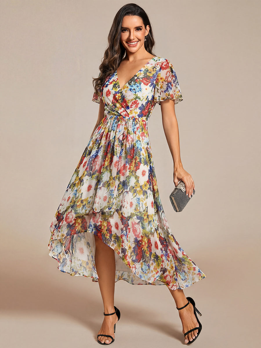 Robe D'invité De Mariage En Mousseline De Soie Mi-Longue Plissée à Manches à Volants Et Col En V #Couleur_Creme Imprime