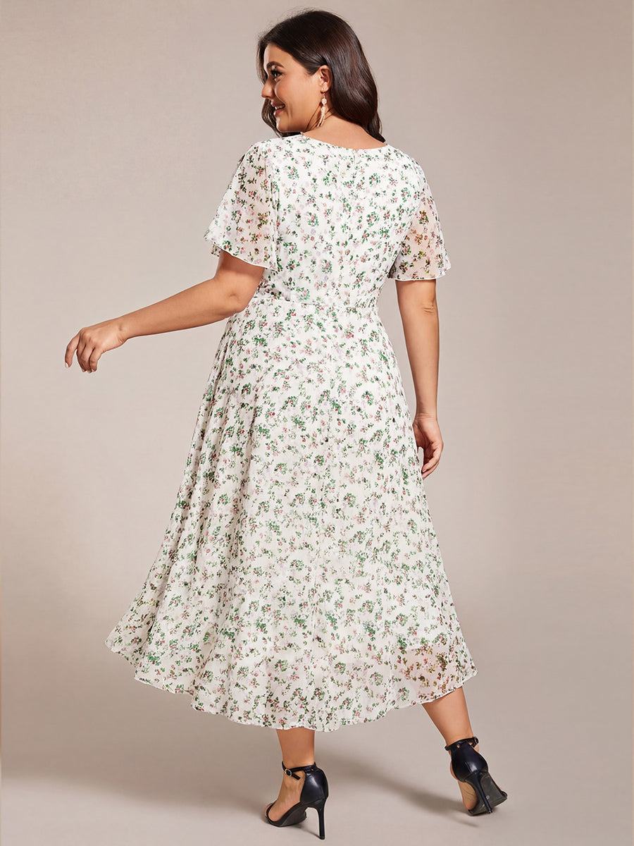 Robe D'invité De Mariage En Mousseline De Soie Mi-Longue Plissée à Manches à Volants Et Col En V #Couleur_Blanc Vert