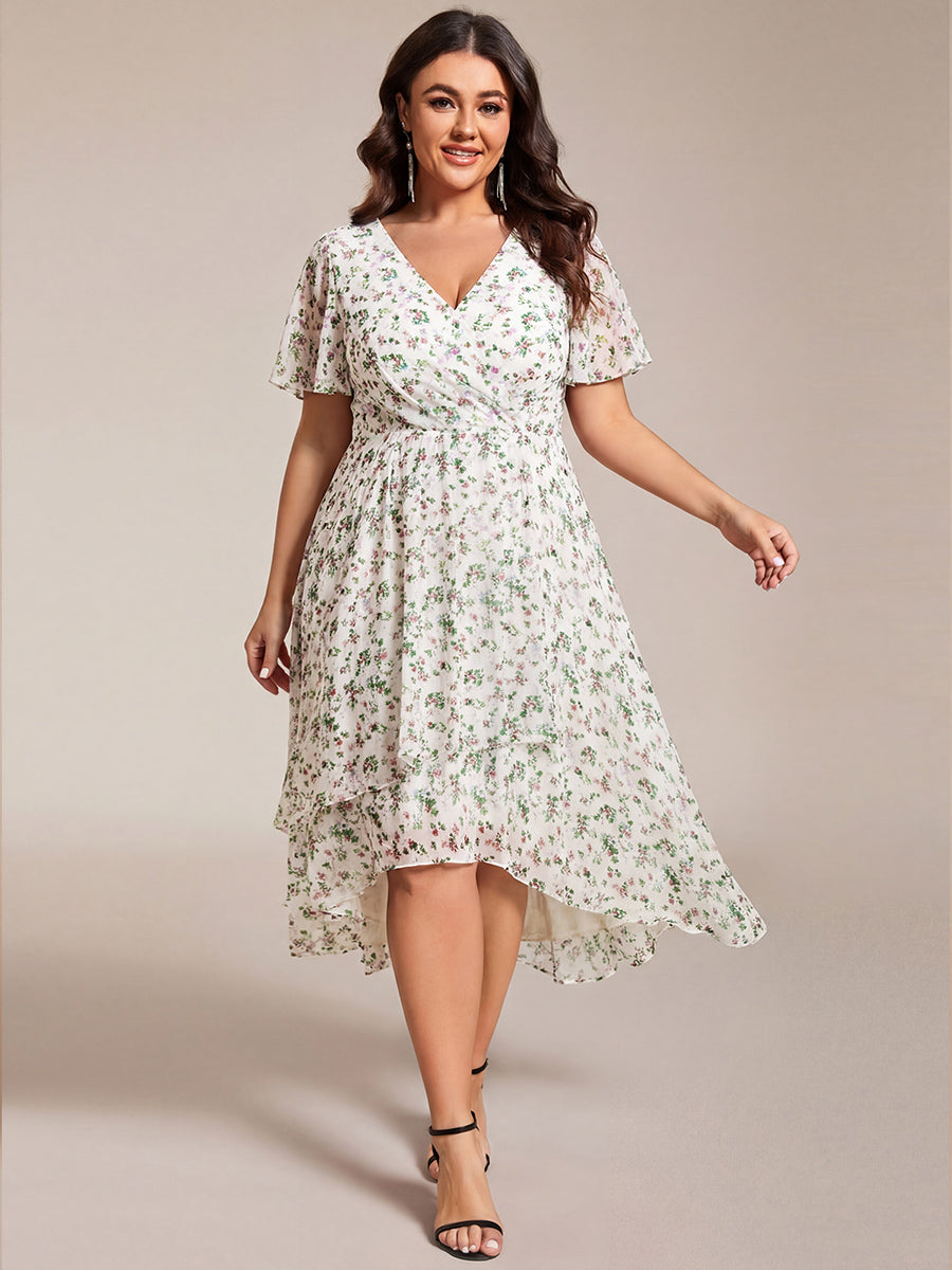 Robe D'invité De Mariage En Mousseline De Soie Mi-Longue Plissée à Manches à Volants Et Col En V #Couleur_Blanc Vert
