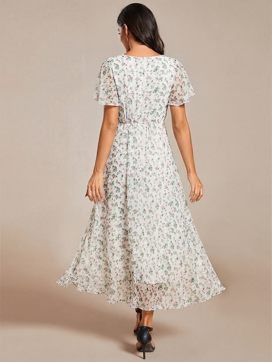 Robe D'invité De Mariage En Mousseline De Soie Mi-Longue Plissée à Manches à Volants Et Col En V #Couleur_Blanc Vert