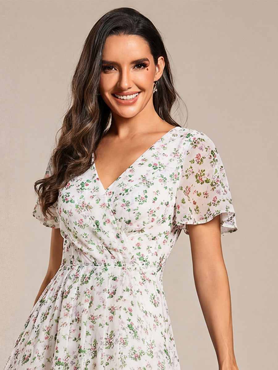 Robe D'invité De Mariage En Mousseline De Soie Mi-Longue Plissée à Manches à Volants Et Col En V #Couleur_Blanc Vert