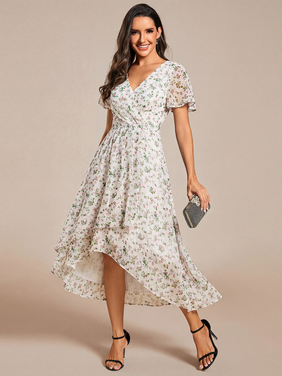 Robe D'invité De Mariage En Mousseline De Soie Mi-Longue Plissée à Manches à Volants Et Col En V #Couleur_Blanc Vert