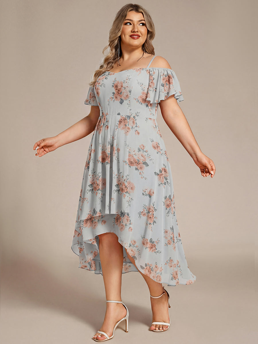Robes d'invitées de mariage en mousseline  épaules dénudées  hautes et basses  manches courtes #Couleur_Floraison Ambrée