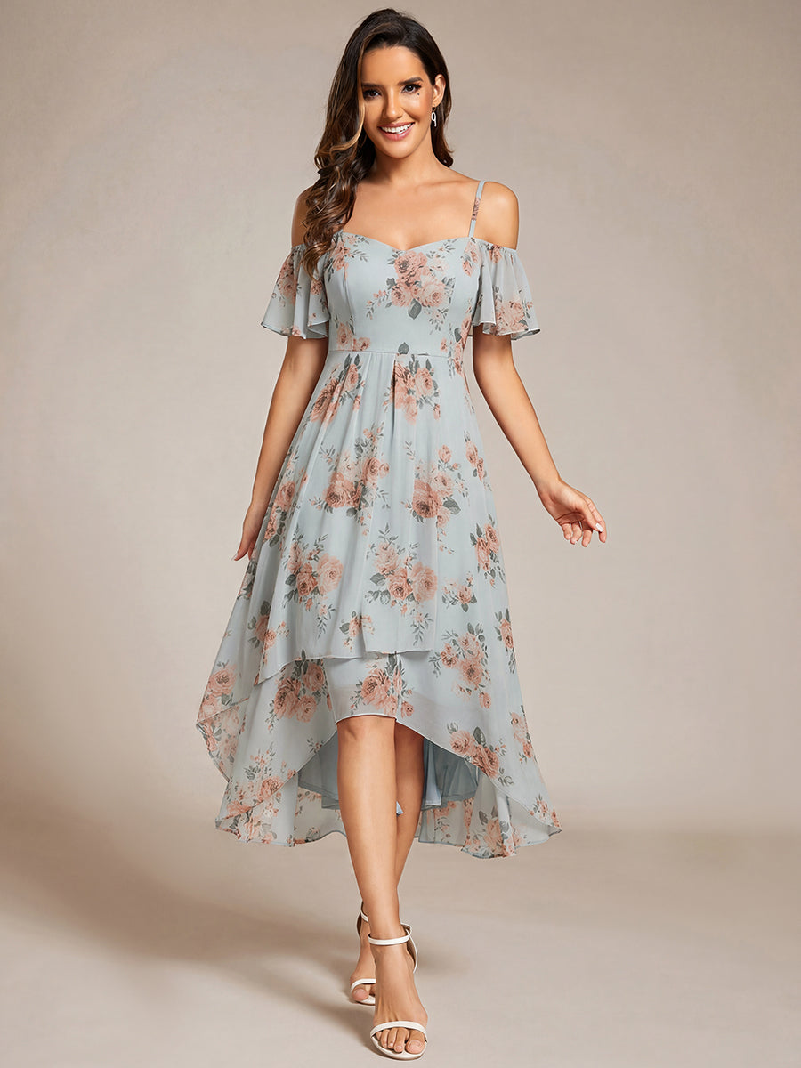 Robes d'invitées de mariage en mousseline  épaules dénudées  hautes et basses  manches courtes #Couleur_Floraison Ambrée